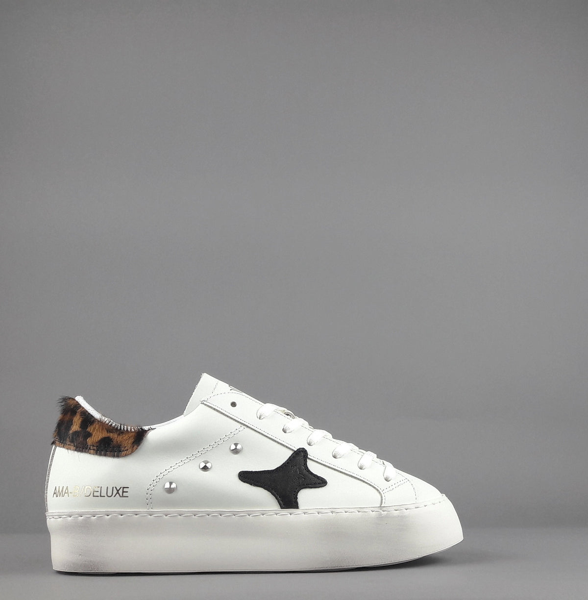 Ama Brand Sneakers Donna Snk Pelle Bianco Spoiler Animalier