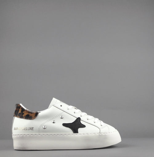 Ama Brand Sneakers Donna Snk Pelle Bianco Spoiler Animalier