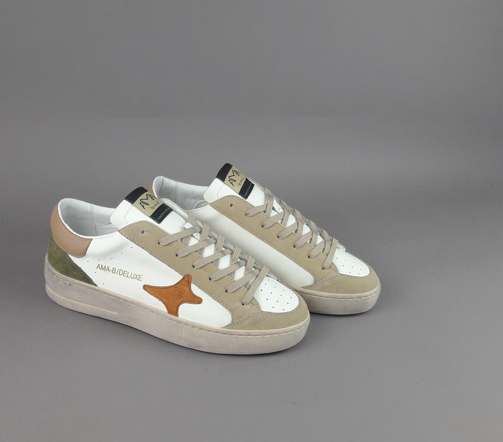 Ama Brand Sneakers Uomo Slam Pelle Bianco Beige