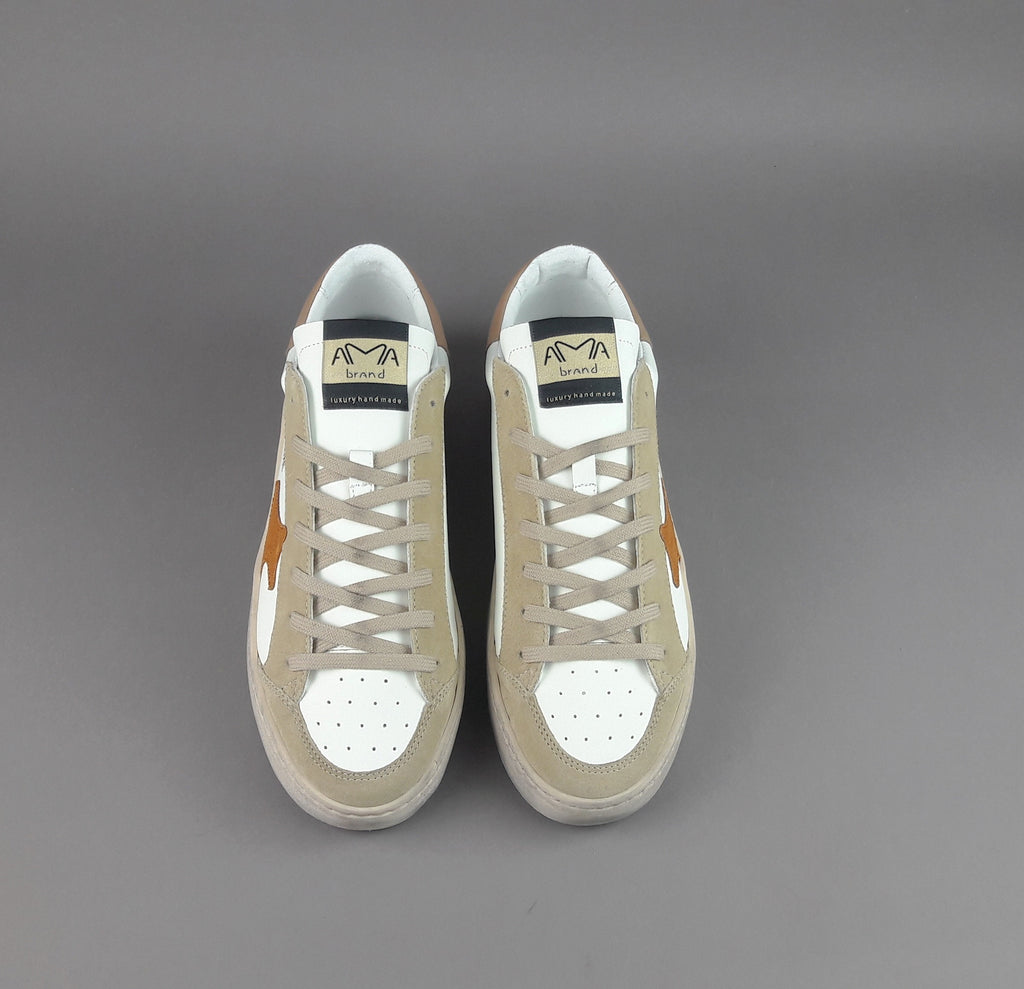 Ama Brand Sneakers Uomo Slam Pelle Bianco Beige