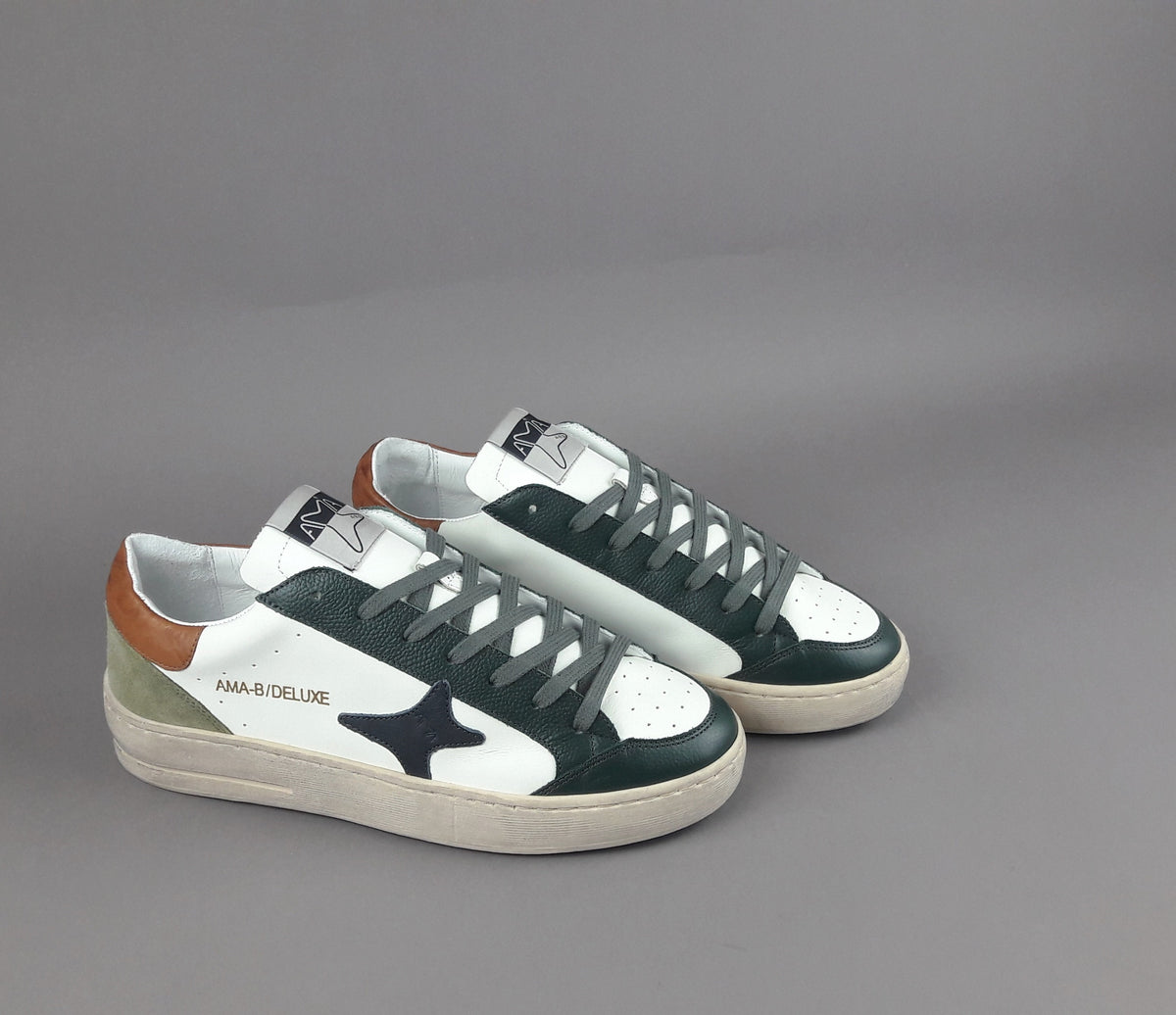 Ama Brand Sneakers Uomo Slam Pelle Verde Scuro Bianco