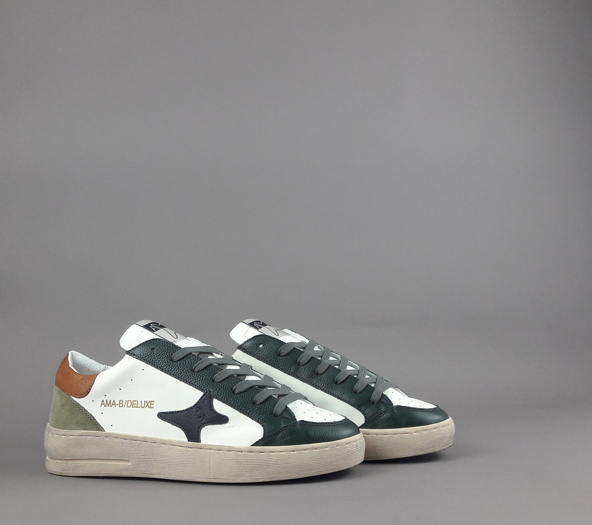 Ama Brand Sneakers Uomo Slam Pelle Verde Scuro Bianco