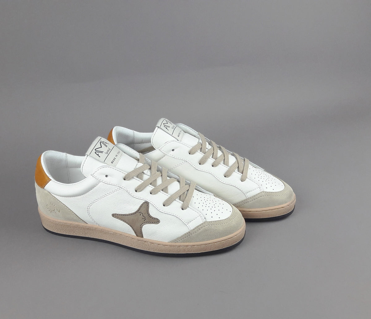 Ama Brand Sneakers Uomo Sun Pelle E Camoscio Bianco Beige