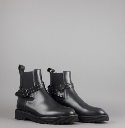 Archyve Stivaletto Beatles Donna Pelle Nero Elastico Bilaterale Con Cinturino