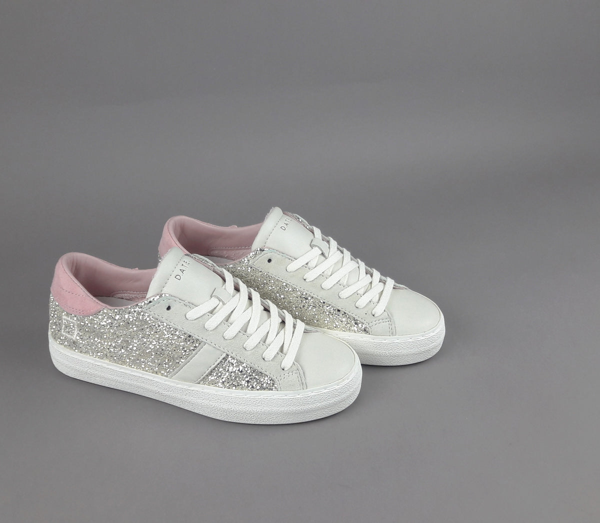 D.A.T.E. Sneakers Hill Low Donna Glitter Platino Pelle Avorio