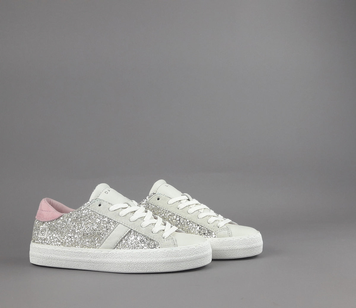 D.A.T.E. Sneakers Hill Low Donna Glitter Platino Pelle Avorio