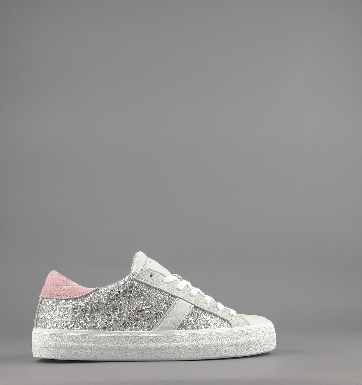 D.A.T.E. Sneakers Hill Low Donna Glitter Platino Pelle Avorio