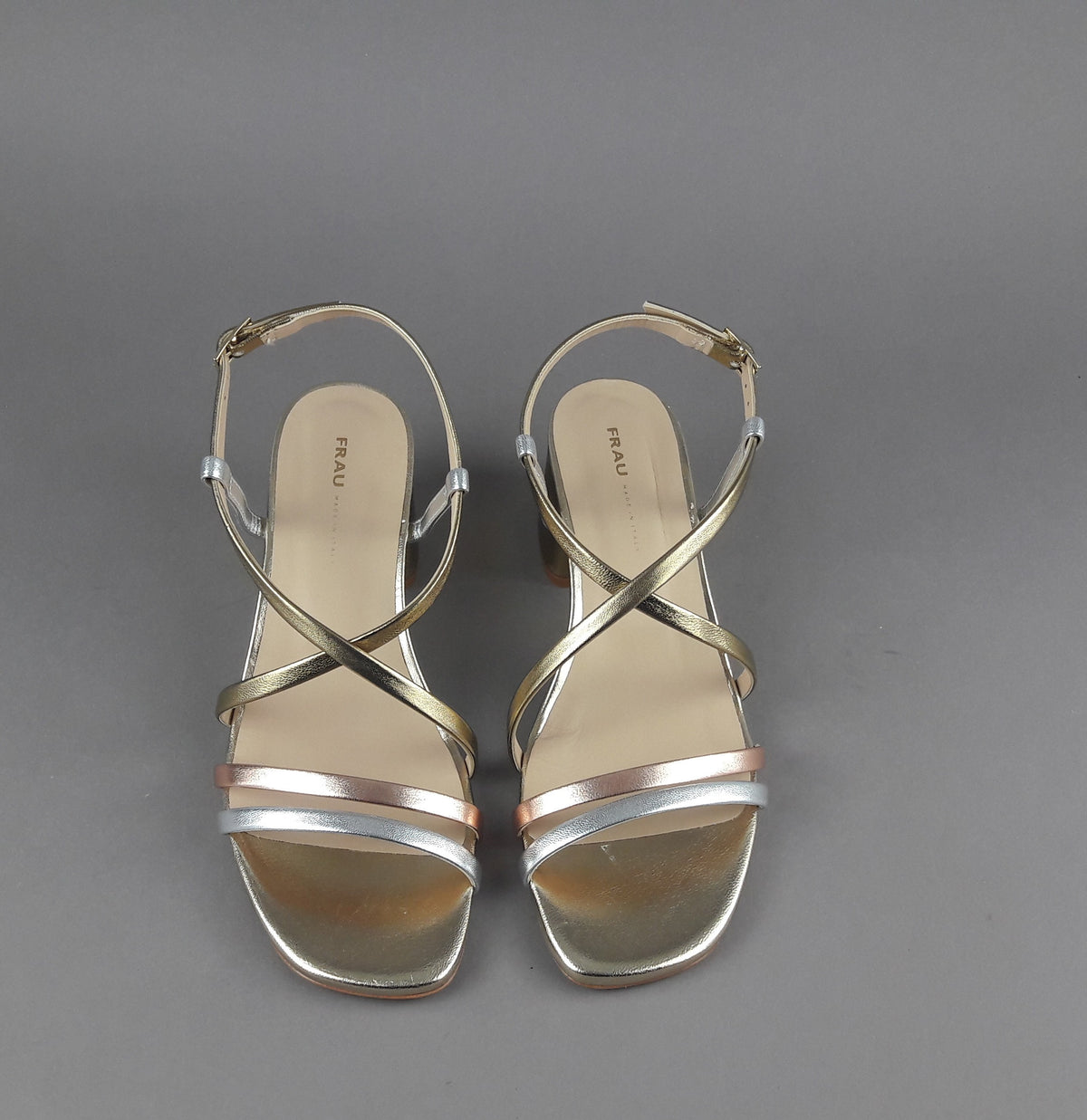 Frau Sandalo Donna Pelle Metal Listelli Oro Rame Argento