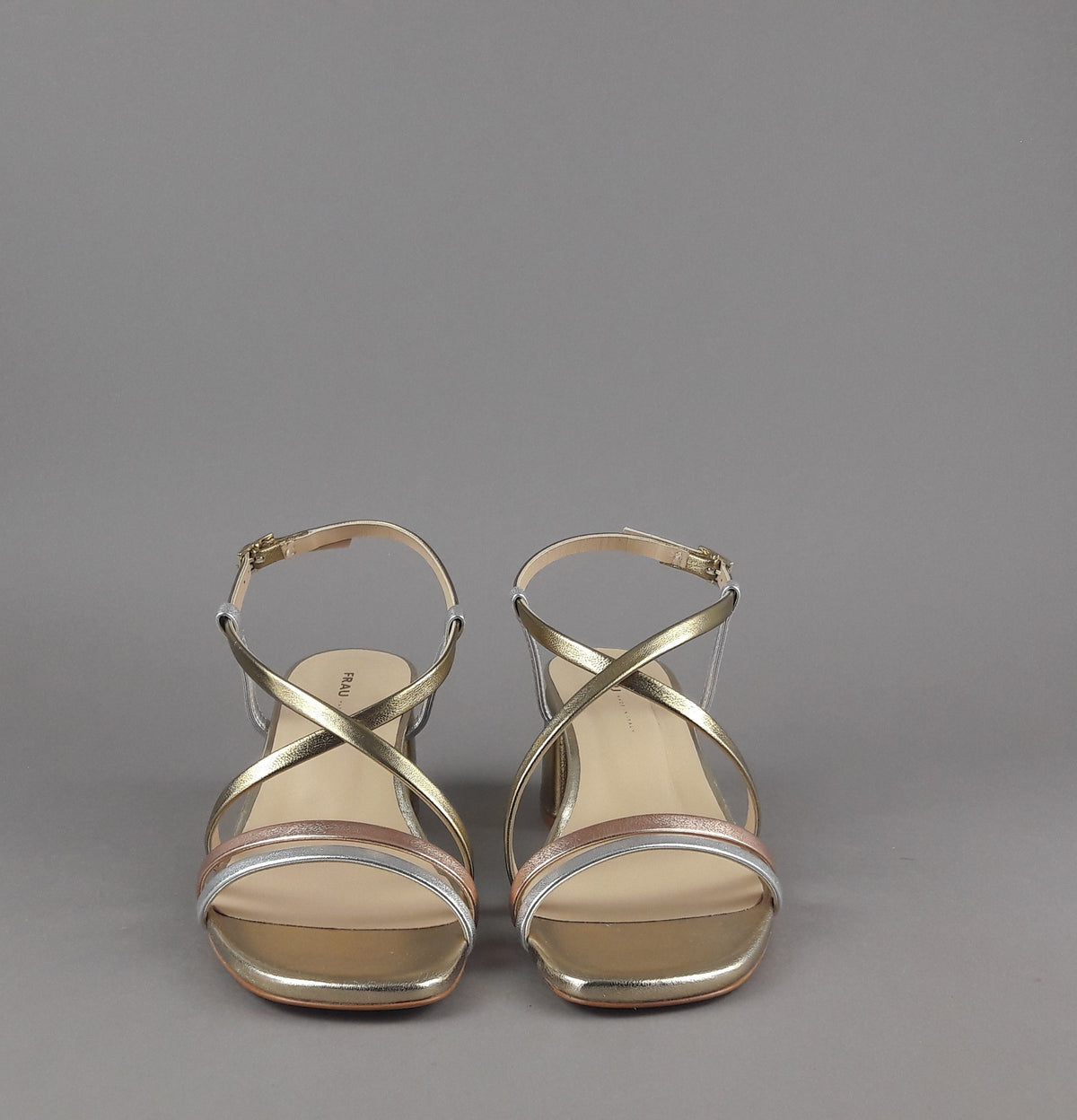 Frau Sandalo Donna Pelle Metal Listelli Oro Rame Argento