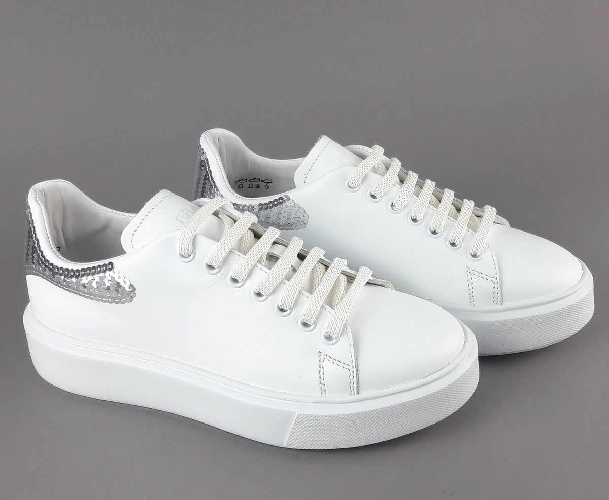Frau Sneaker Donna Pelle Liscia Bianco Spoiler Paillettes