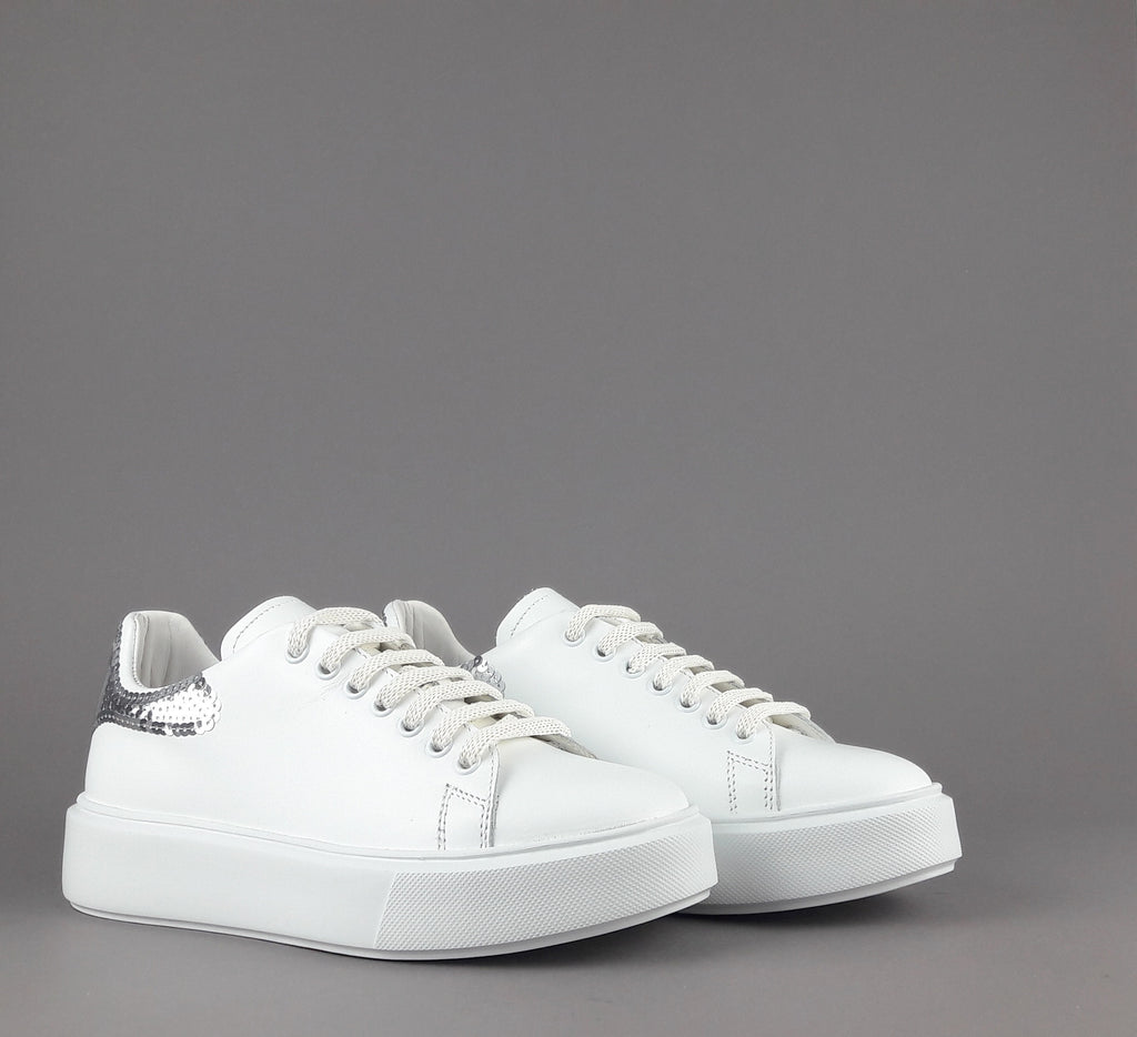 Frau Sneaker Donna Pelle Liscia Bianco Spoiler Paillettes