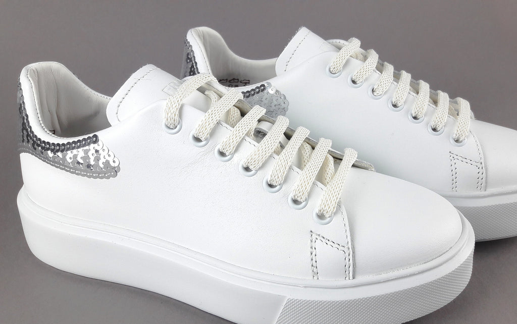 Frau Sneaker Donna Pelle Liscia Bianco Spoiler Paillettes
