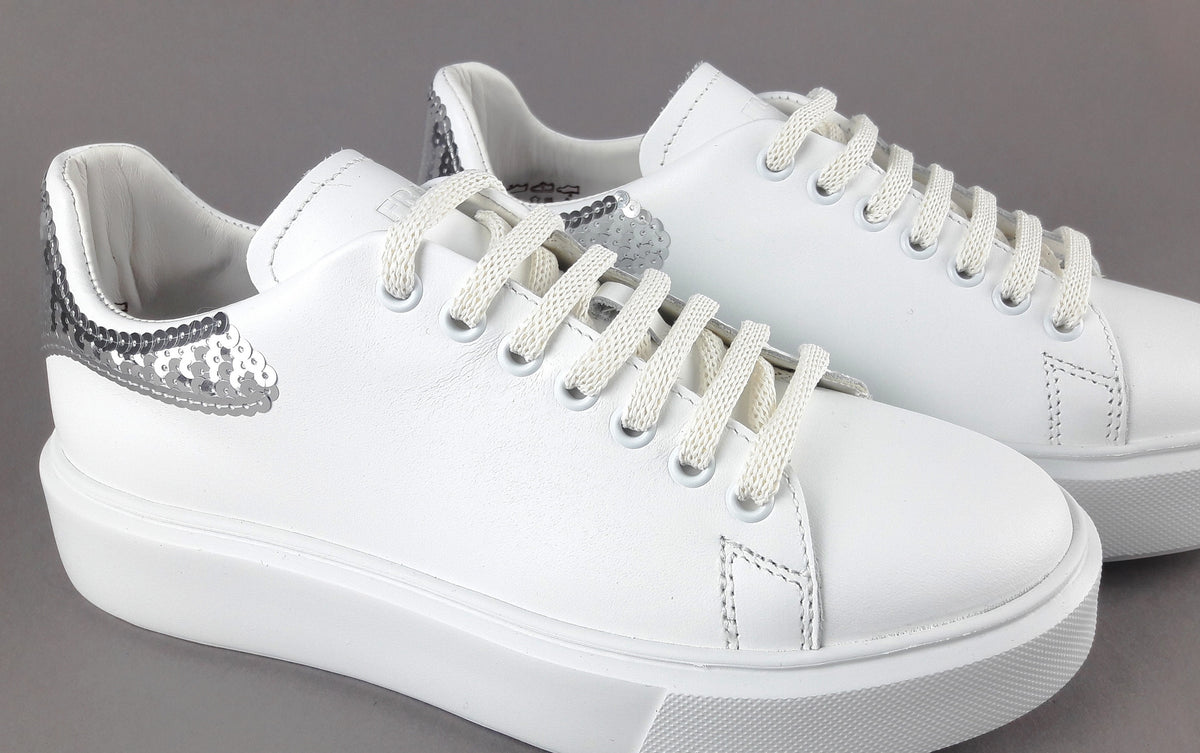 Frau Sneaker Donna Pelle Liscia Bianco Spoiler Paillettes