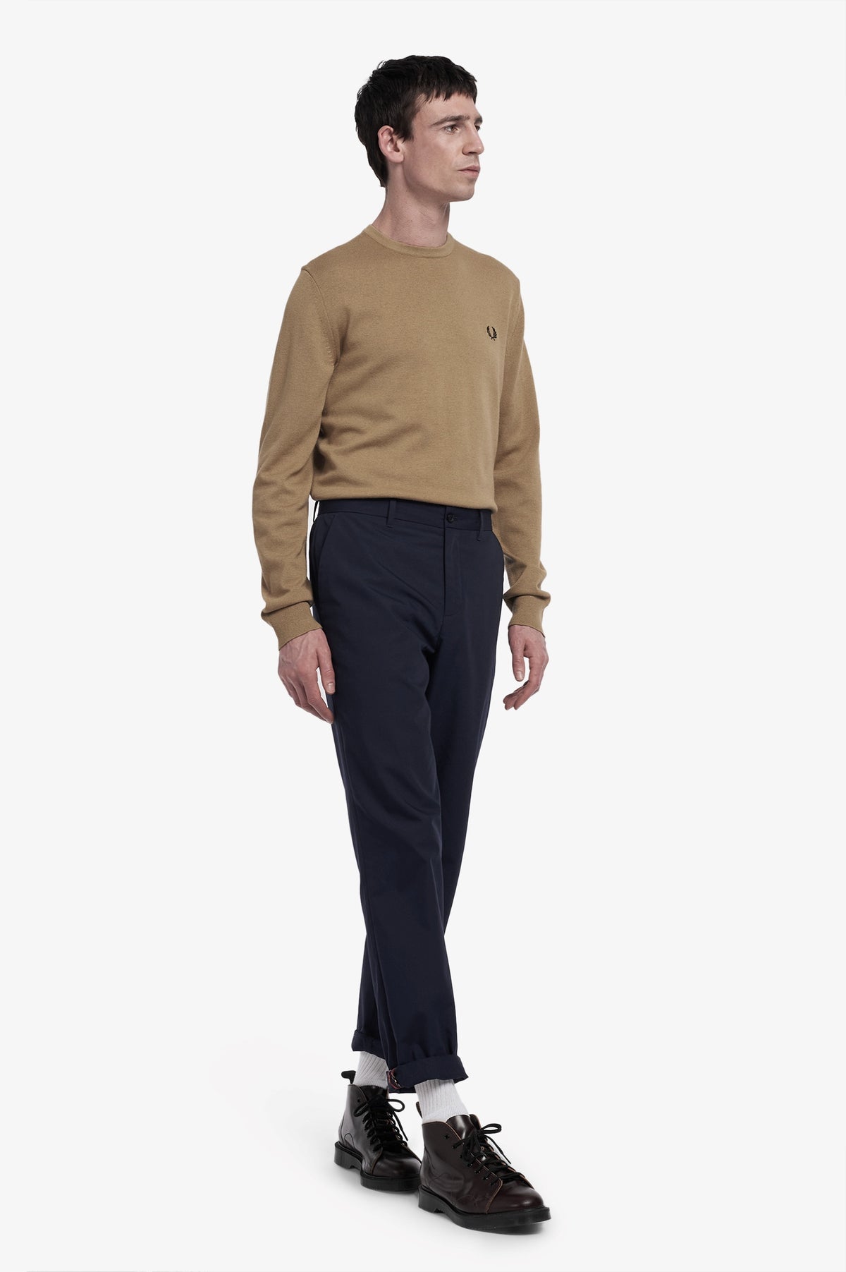 Fred Perry Maglione Girocollo Uomo Misto Lana Cotone Cammello