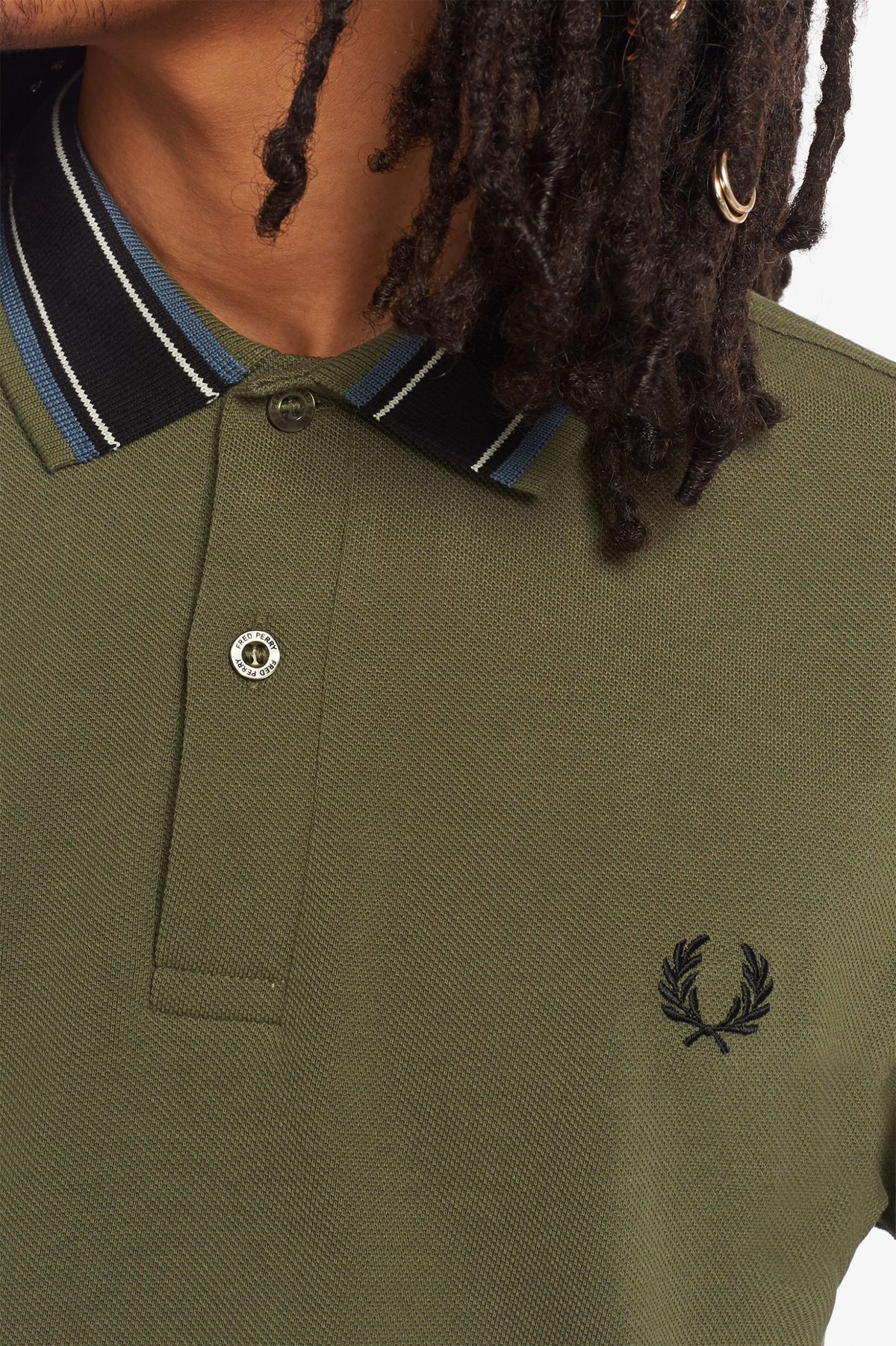 Fred Perry Polo Uomo Piqué Di Cotone Verde Militare Collo Con Righe