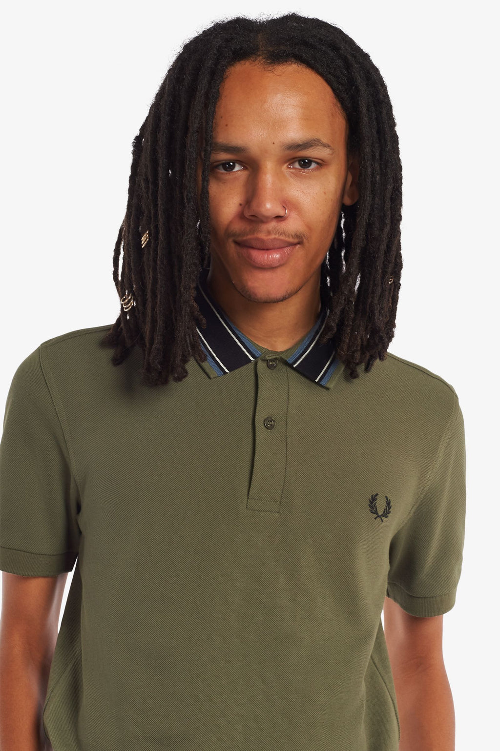 Fred Perry Polo Uomo Piqué Di Cotone Verde Militare Collo Con Righe