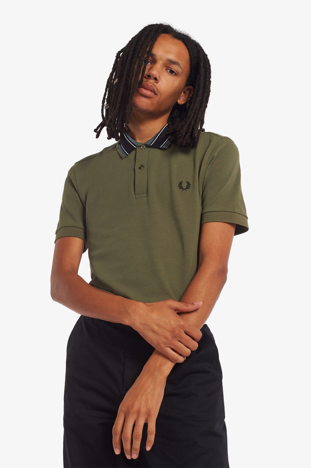 Fred Perry Polo Uomo Piqué Di Cotone Verde Militare Collo Con Righe