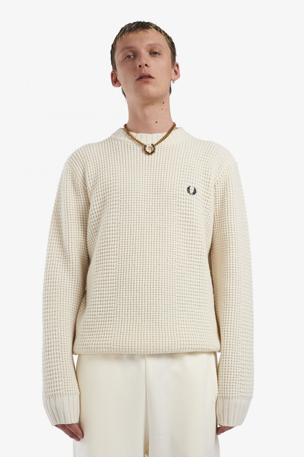Fred Perry Maglione Girocollo Uomo Textured Lana Bianco Opaco