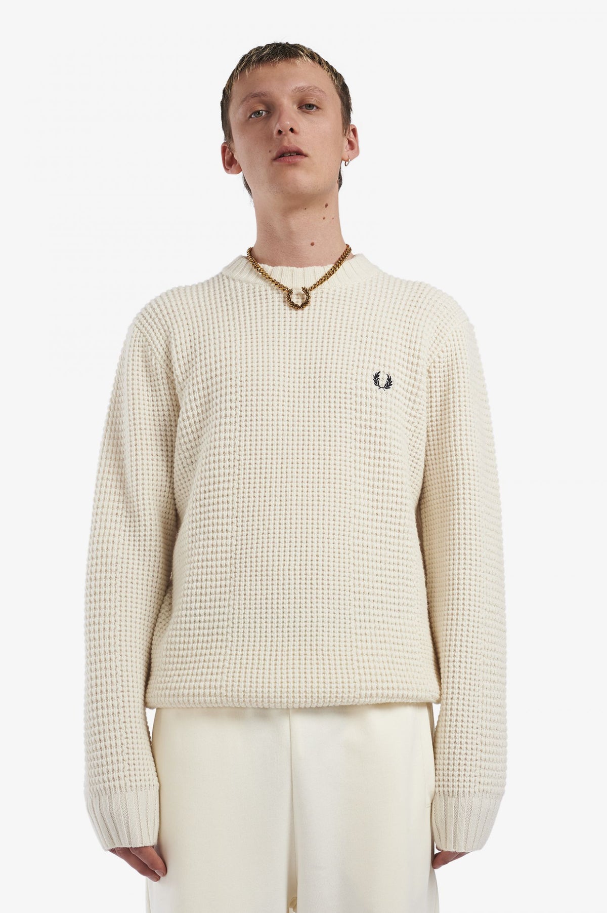 Fred Perry Maglione Girocollo Uomo Textured Lana Bianco Opaco