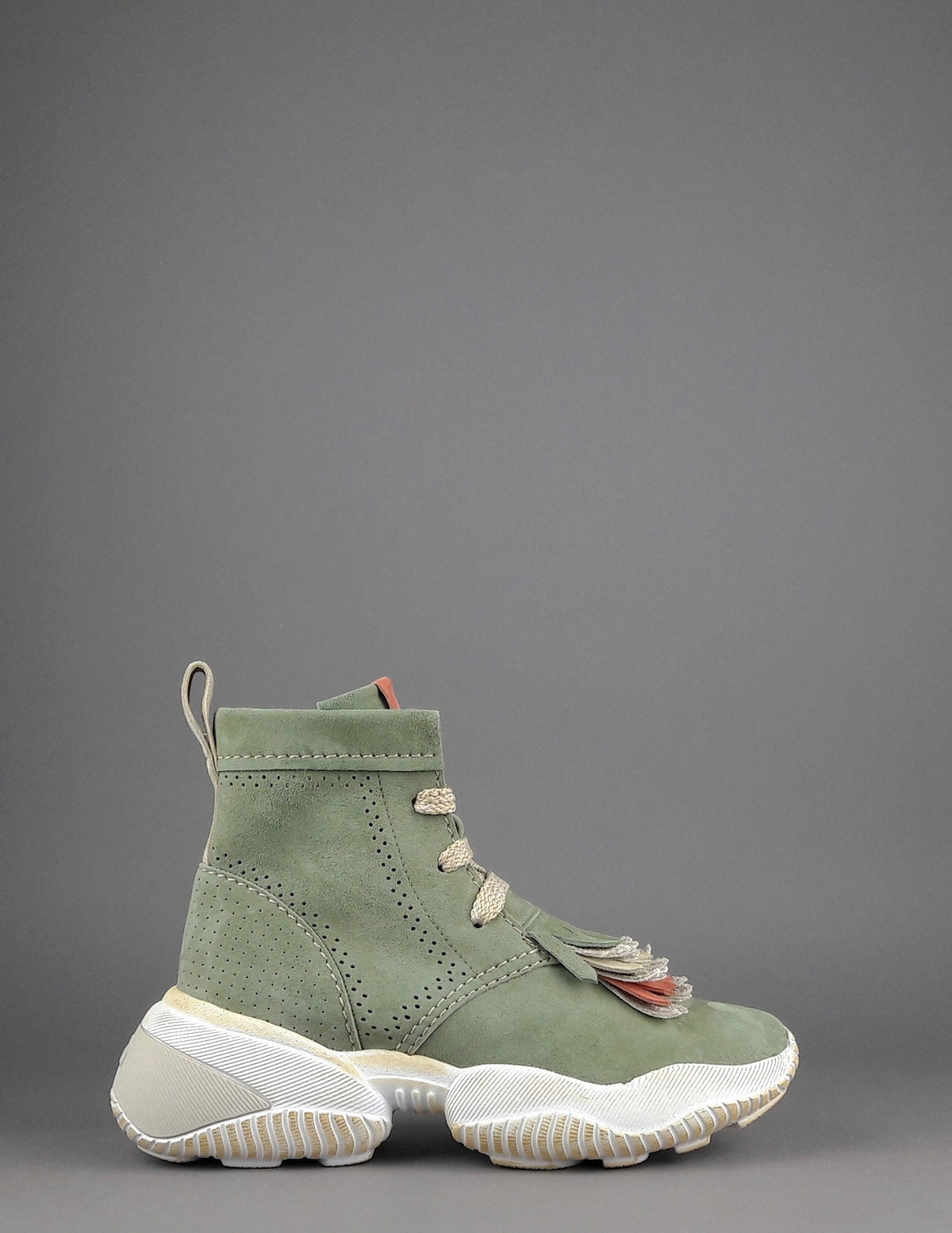 Hogan Interaction Donna Tronchetto Camoscio Verde Militare Tenue Frange