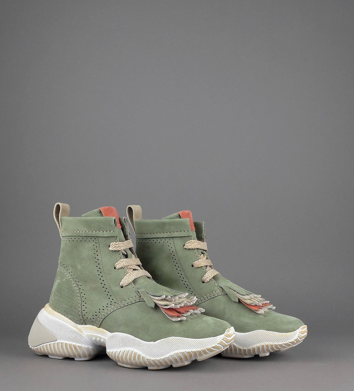 Hogan Interaction Donna Tronchetto Camoscio Verde Militare Tenue Frange