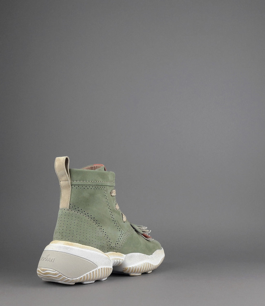 Hogan Interaction Donna Tronchetto Camoscio Verde Militare Tenue Frange