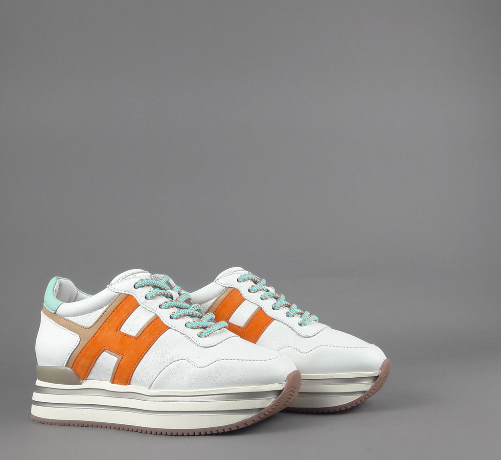 Hogan Midi Platform H483 Donna Pelle Nappa Bianco H Camoscio Arancio
