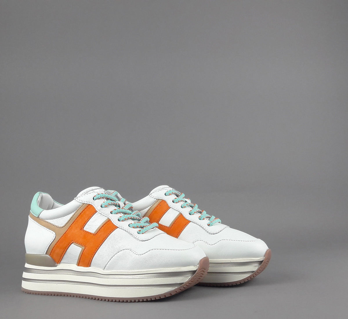 Hogan Midi Platform H483 Donna Pelle Nappa Bianco H Camoscio Arancio