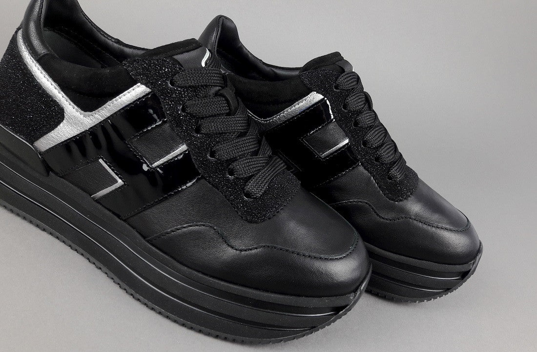 Hogan Midi Platform H483 Donna Pelle Nero H Vernice Nero Argento
