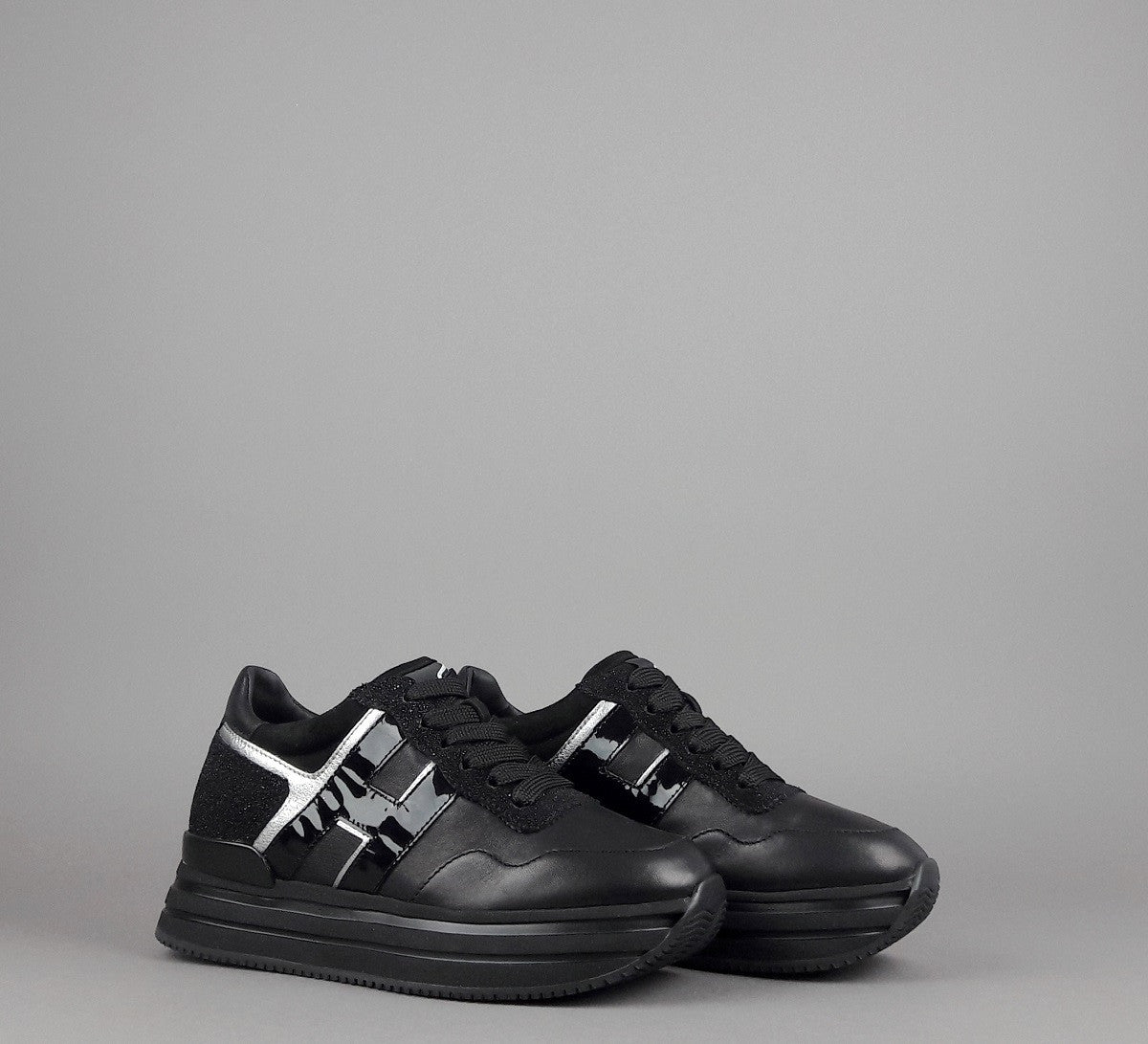 Hogan Midi Platform H483 Donna Pelle Nero H Vernice Nero Argento