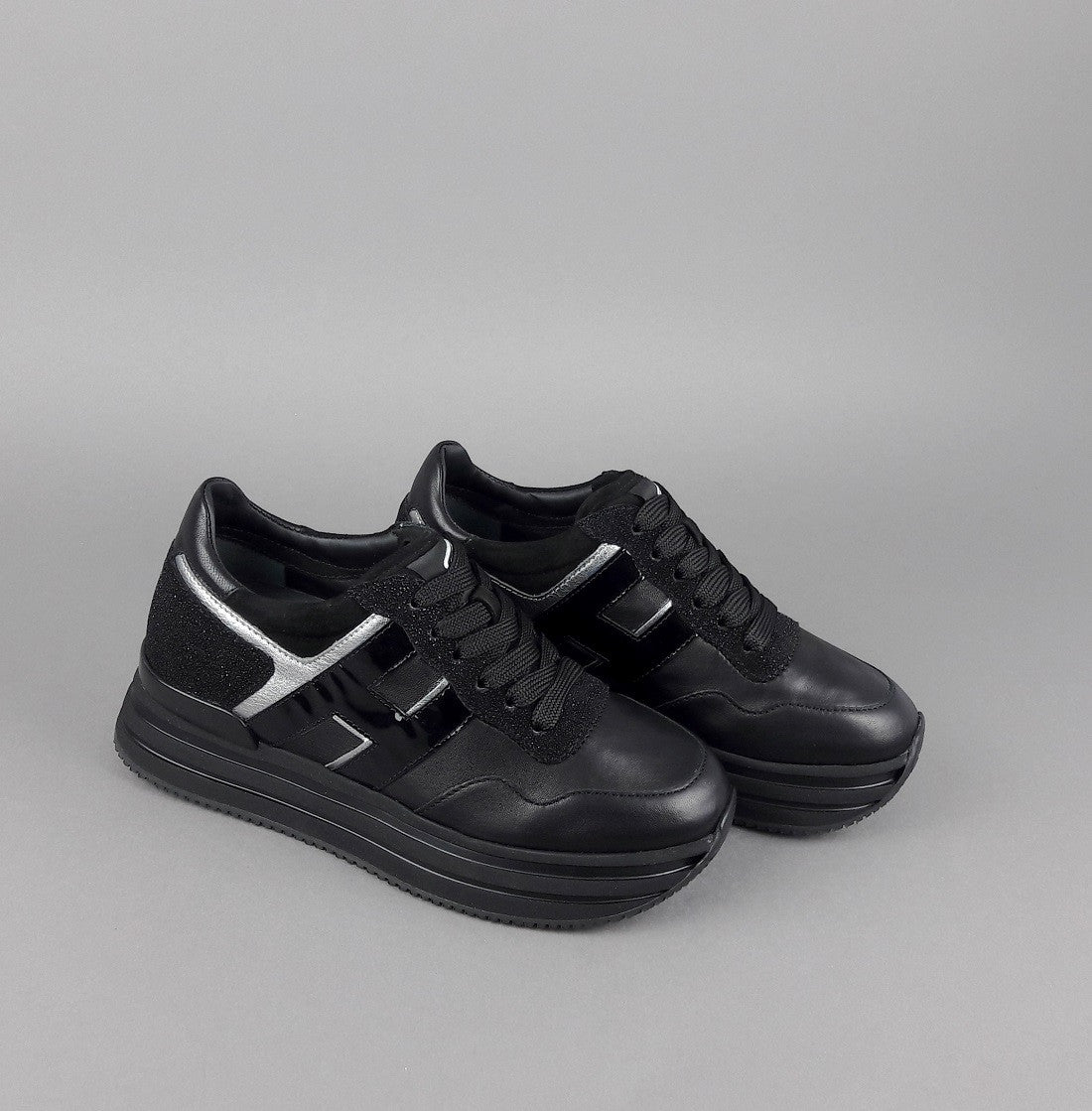 Hogan Midi Platform H483 Donna Pelle Nero H Vernice Nero Argento