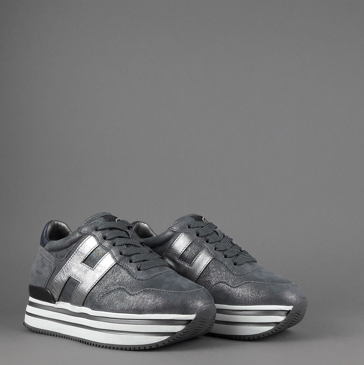 Hogan Midi Platform H483 Donna Tessuto Shiny Grigio Scuro H Pelle Metal
