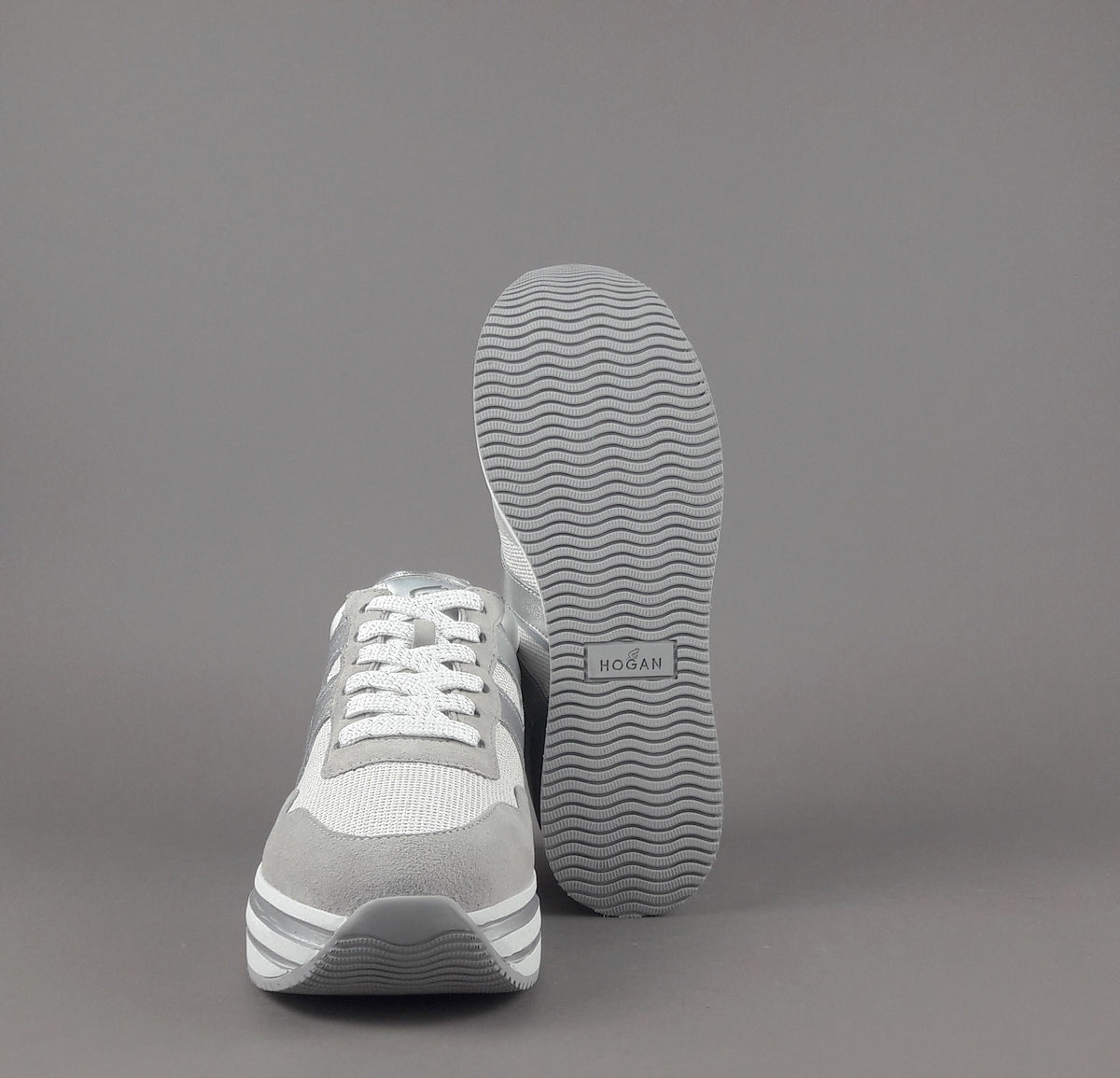 Hogan Midi Platform H483 Donna Camoscio E Tela Grigio Chiaro H Pelle Metal