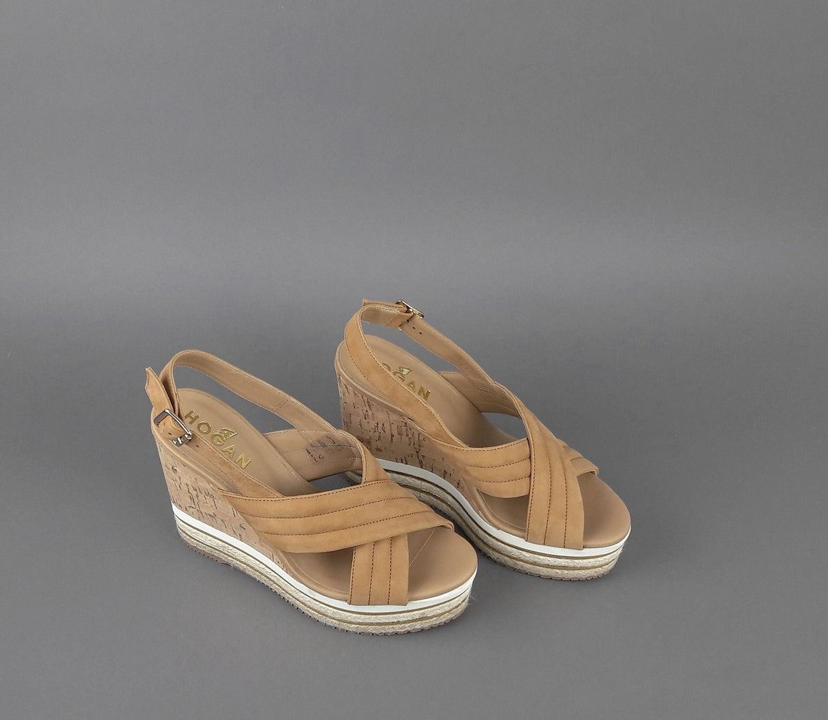 Hogan Sandalo Zeppa H422 Donna Camoscio Marrone Chiaro