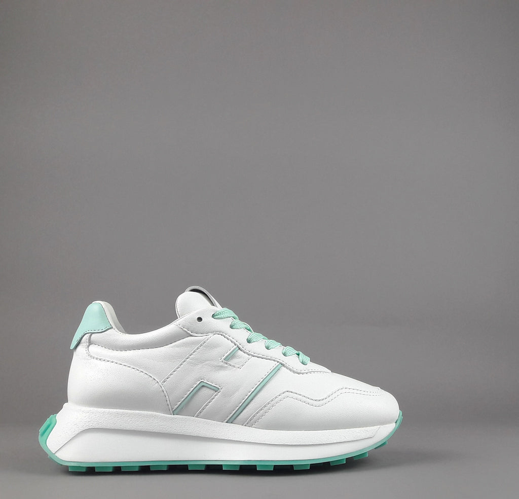 Hogan Sneakers Donna H641 Pelle Nappa Bianco H Profilo Verde Acqua