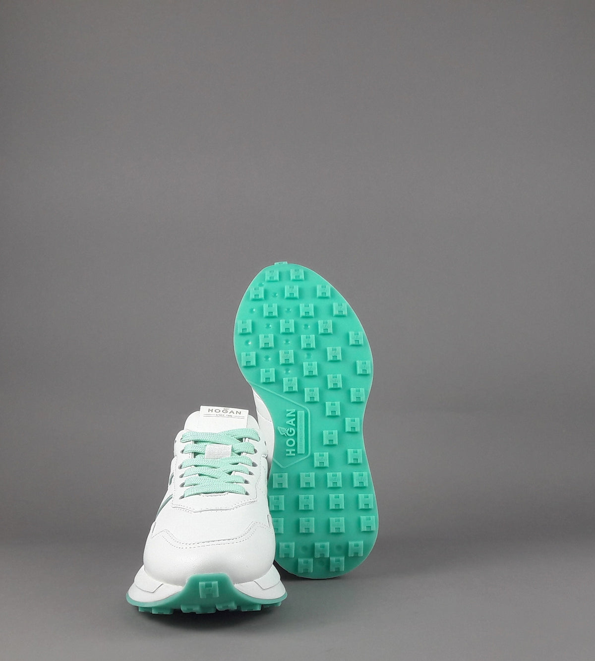 Hogan Sneakers Donna H641 Pelle Nappa Bianco H Profilo Verde Acqua
