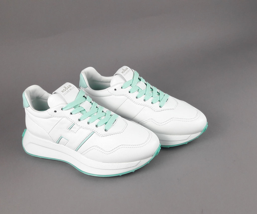 Hogan Sneakers Donna H641 Pelle Nappa Bianco H Profilo Verde Acqua