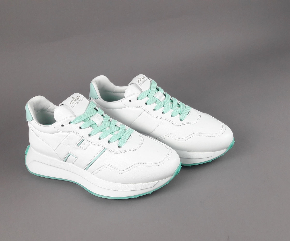 Hogan Sneakers Donna H641 Pelle Nappa Bianco H Profilo Verde Acqua