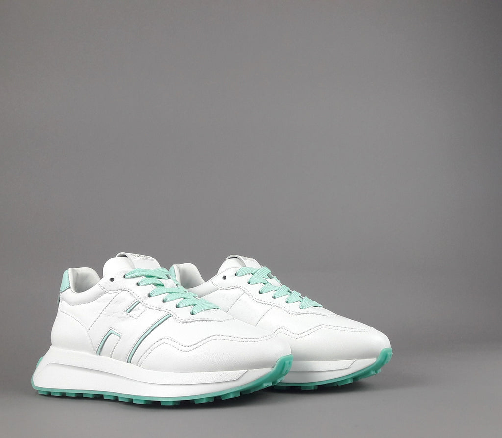 Hogan Sneakers Donna H641 Pelle Nappa Bianco H Profilo Verde Acqua