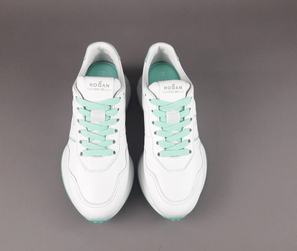Hogan Sneakers Donna H641 Pelle Nappa Bianco H Profilo Verde Acqua