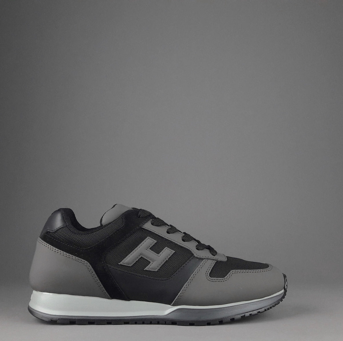 Hogan Sneakers H321 Uomo Pelle Gommata Tela Grigio Scuro Nero H Flock
