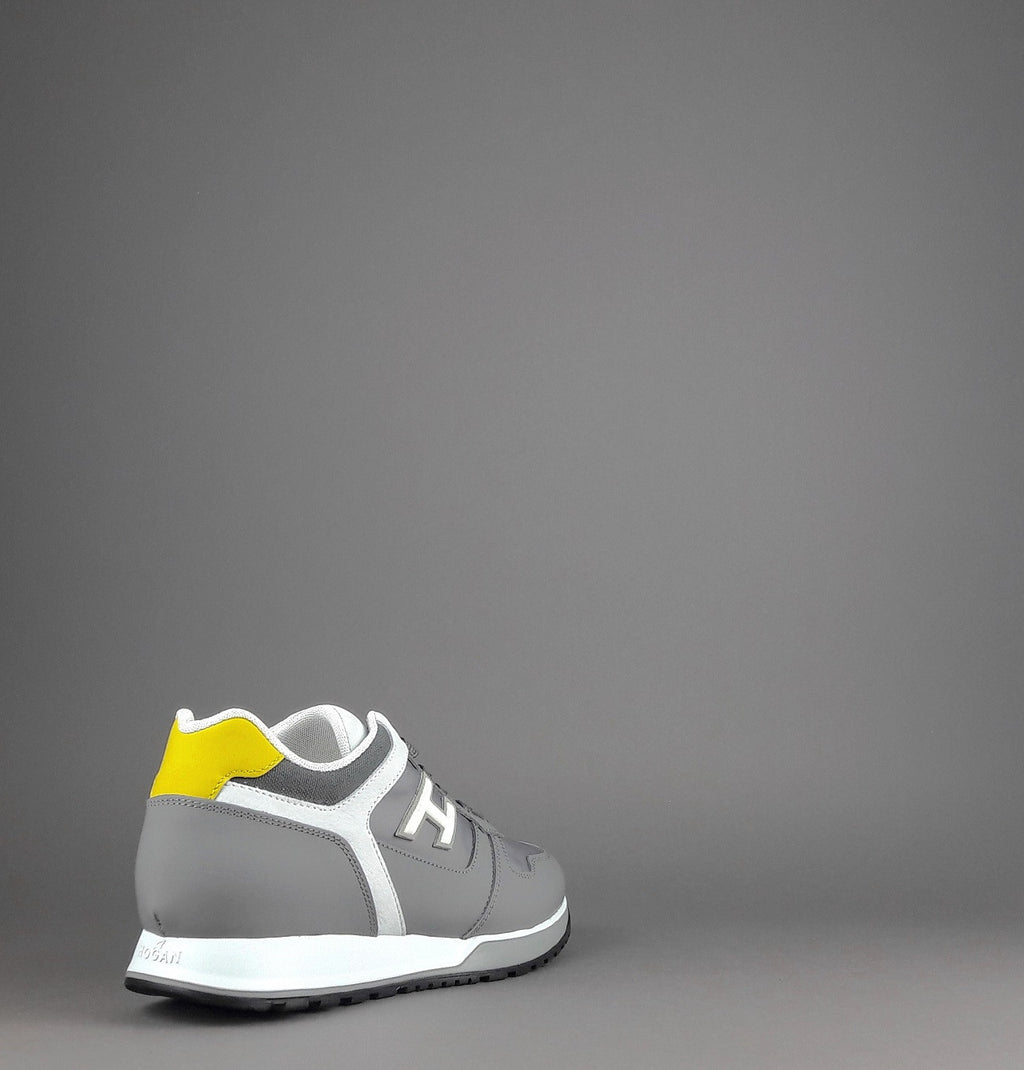 Hogan Sneakers H321 Uomo Pelle Gommata Tela Nabuk Grigio Bianco Giallo