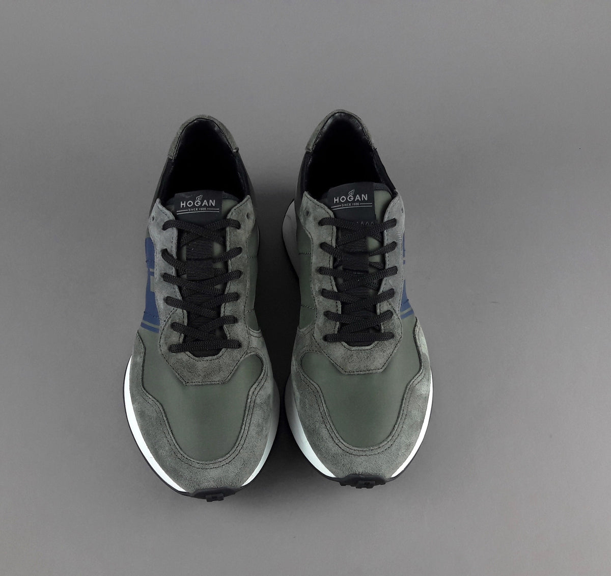 Hogan Sneakers H601 Uomo Camoscio Grigio Scuro Tela Verde Militare H Gommata Stampata