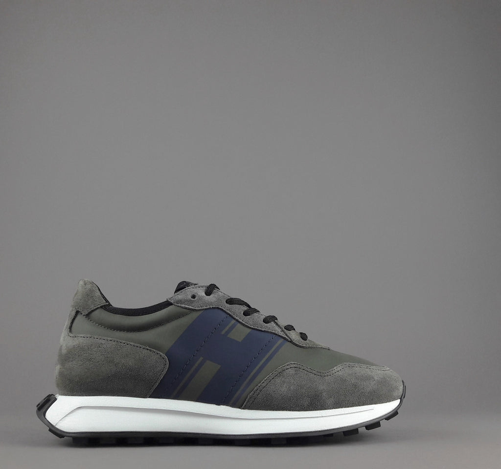 Hogan Sneakers H601 Uomo Camoscio Grigio Scuro Tela Verde Militare H Gommata Stampata