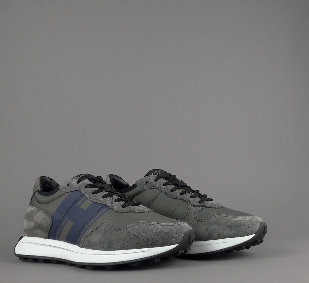 Hogan Sneakers H601 Uomo Camoscio Grigio Scuro Tela Verde Militare H Gommata Stampata