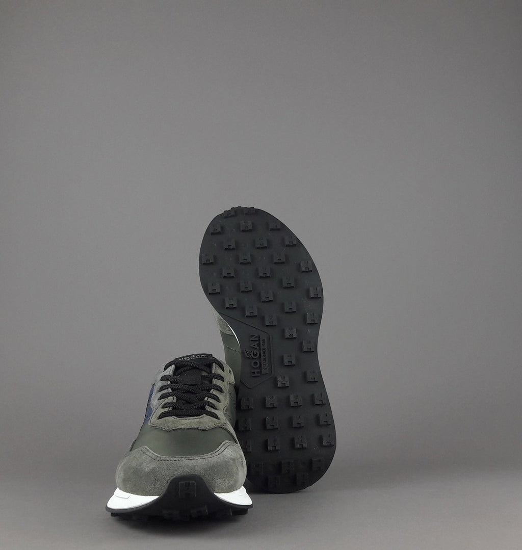 Hogan Sneakers H601 Uomo Camoscio Grigio Scuro Tela Verde Militare H Gommata Stampata