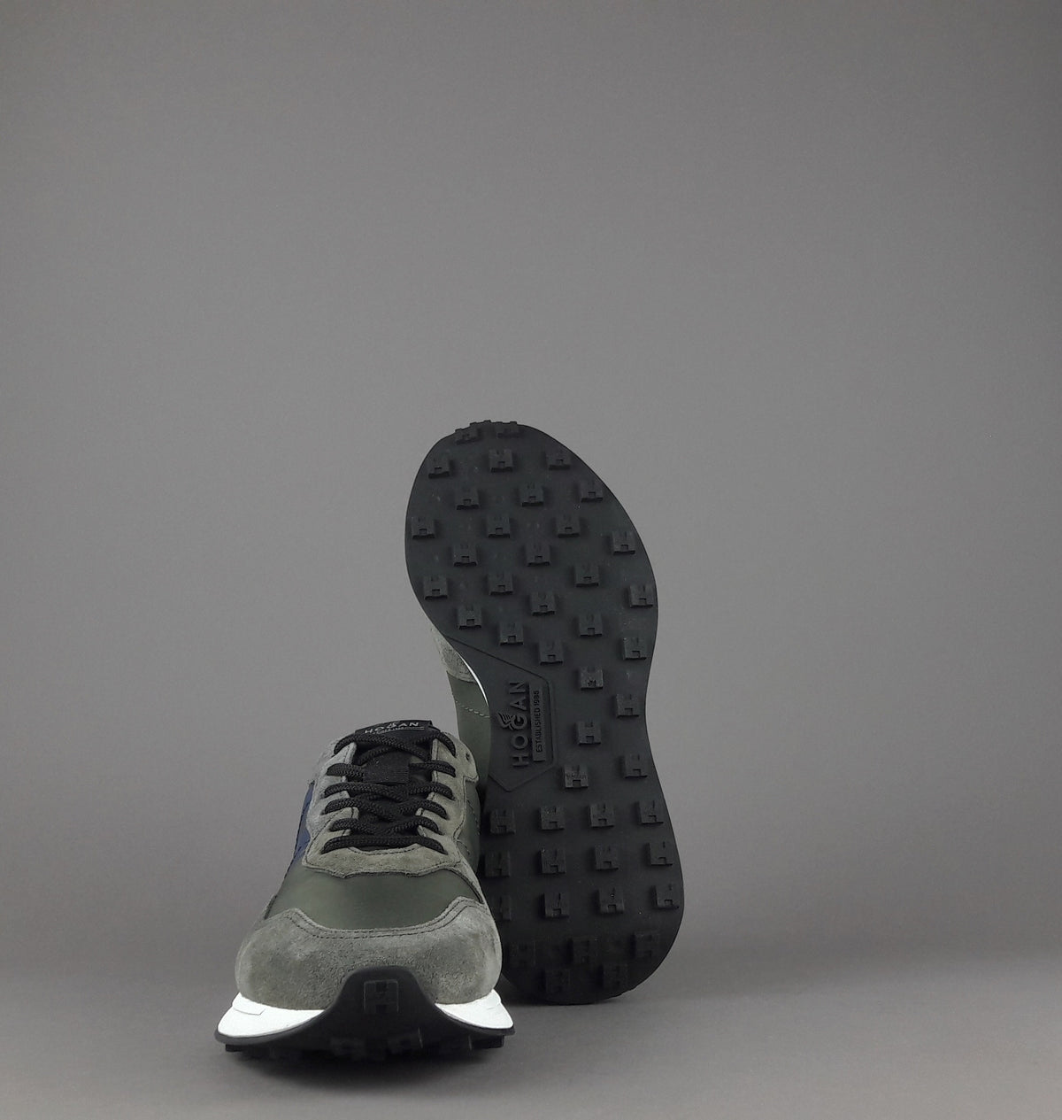 Hogan Sneakers H601 Uomo Camoscio Grigio Scuro Tela Verde Militare H Gommata Stampata