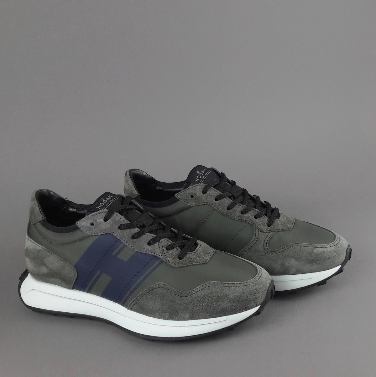 Hogan Sneakers H601 Uomo Camoscio Grigio Scuro Tela Verde Militare H Gommata Stampata