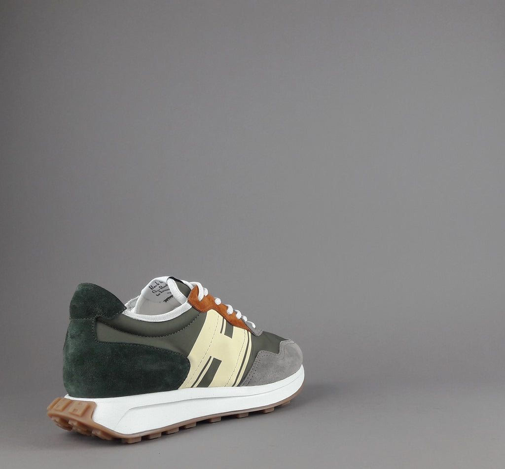 Hogan Sneakers H601 Uomo Camoscio Tela Grigio Chiaro Verde Mil H Gommata Stampata