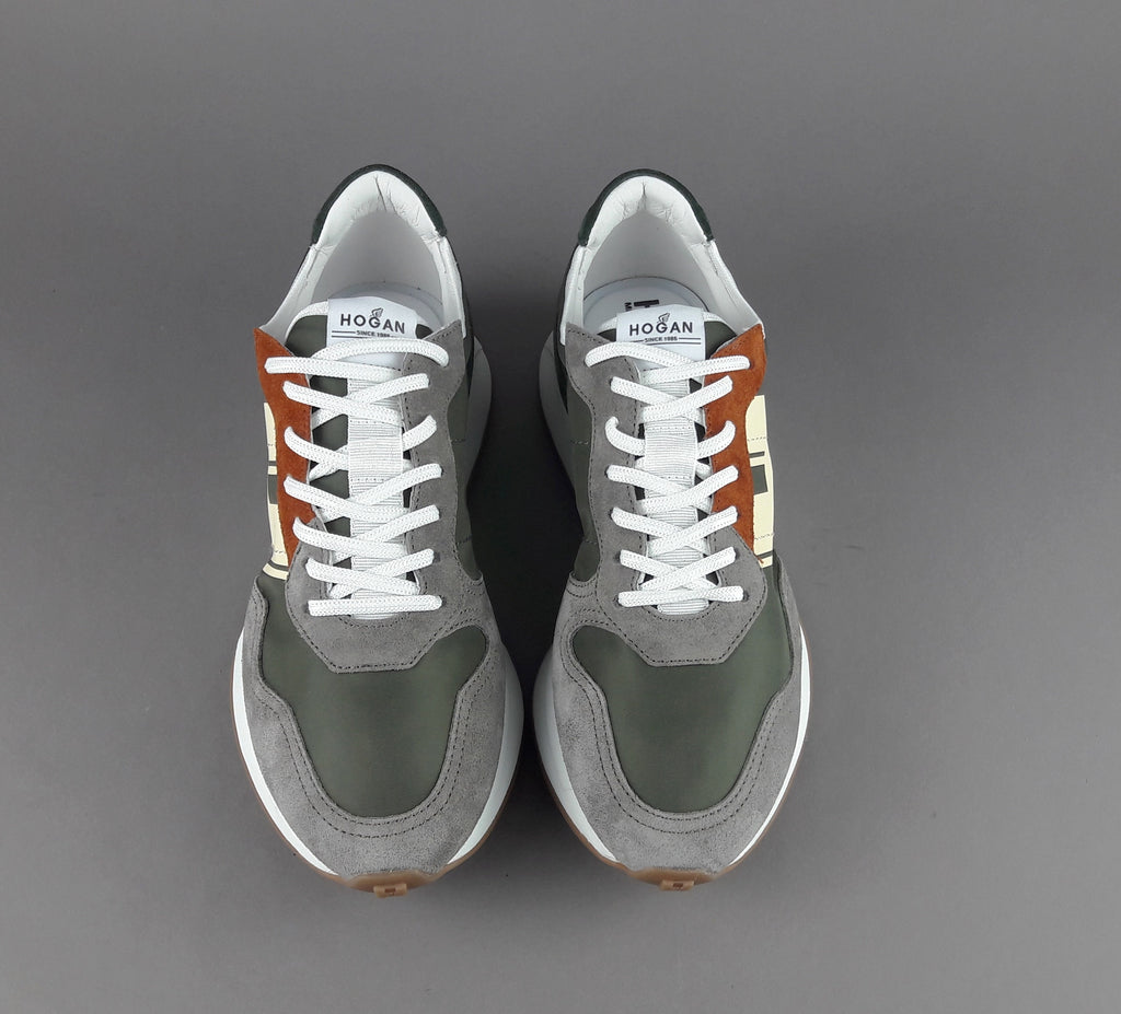 Hogan Sneakers H601 Uomo Camoscio Tela Grigio Chiaro Verde Mil H Gommata Stampata